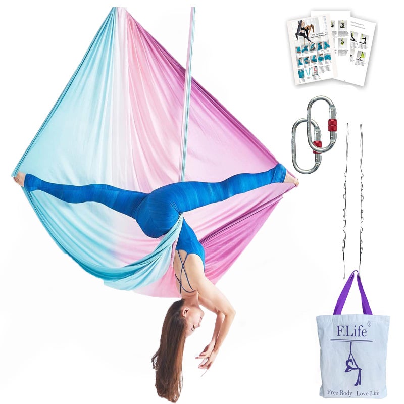 Flife F.Life Aerial Yoga Hammock Silk Swing kit for Antigravity Yoga Inversion Include Daisy Chain,Carabiner and Pose Guide (Fairy Floss Omber) - Image 1